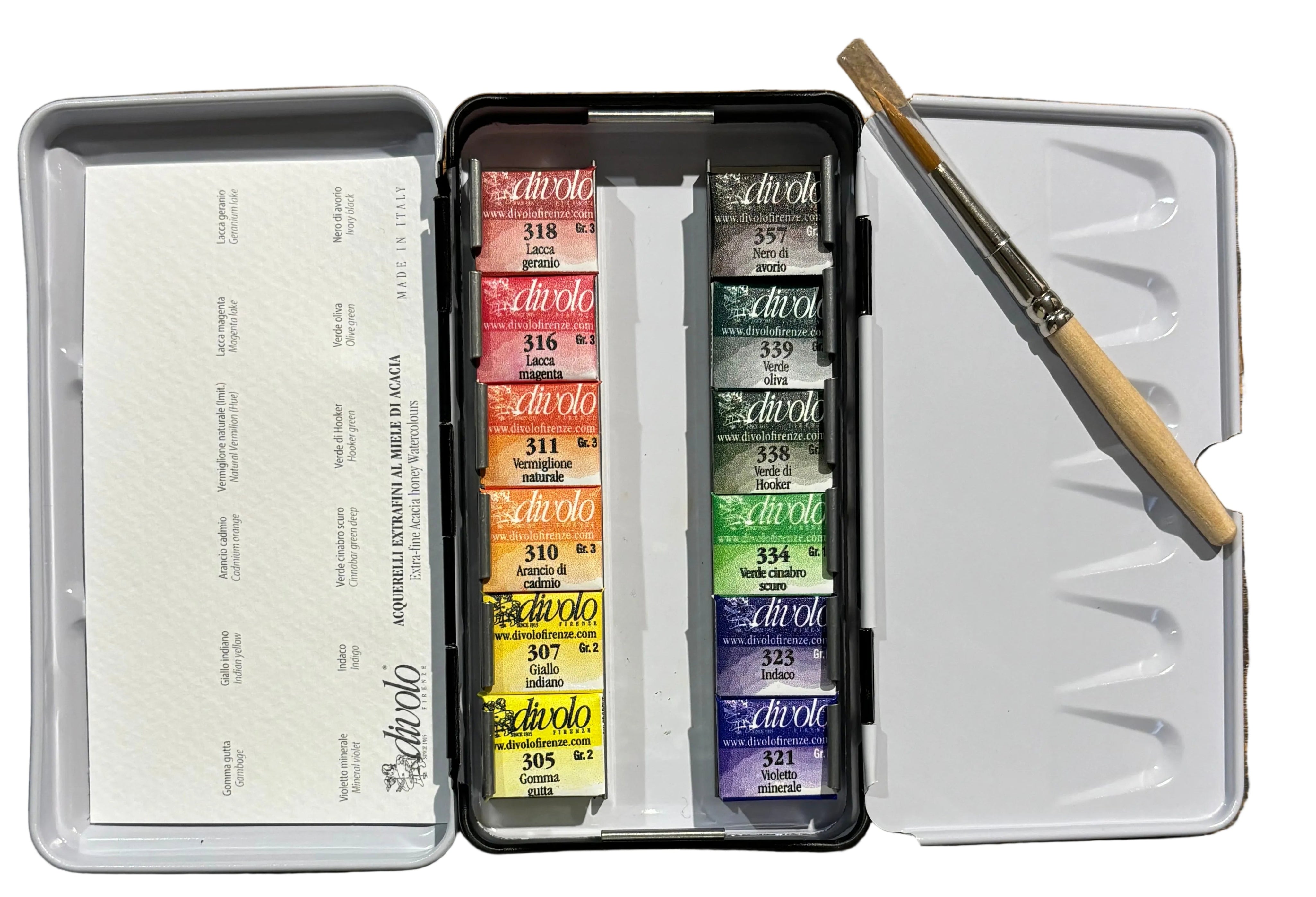 AQ12-GIARDINO BOTANICO COFANETTO IN METALLO DA 12 ACQUERELLI EXTRAFINI AL MIELE DI ACACIA 1/2 GODET + 1 PENNELLO