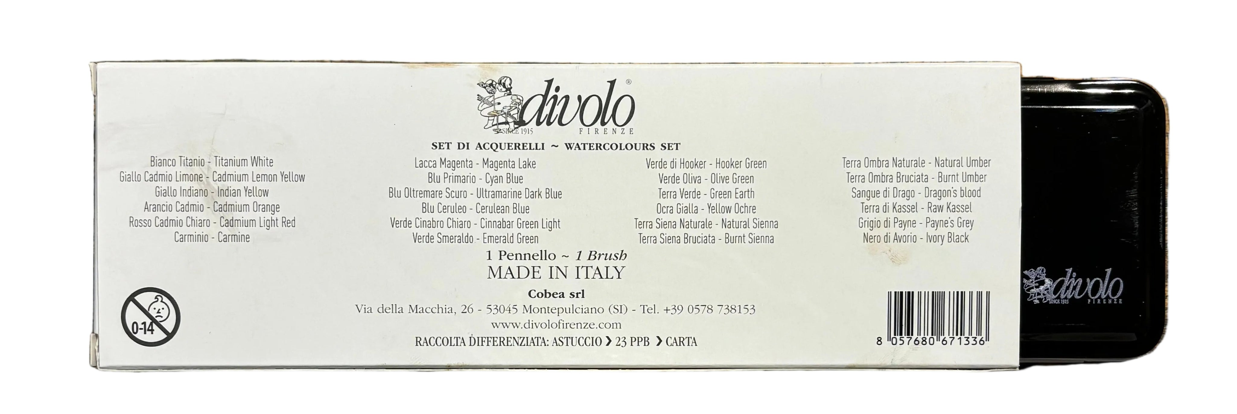 Cofanetto completo di 24 acquerelli Divolo extrafini al miele di acacia da 1/2 godet + 1 pennello