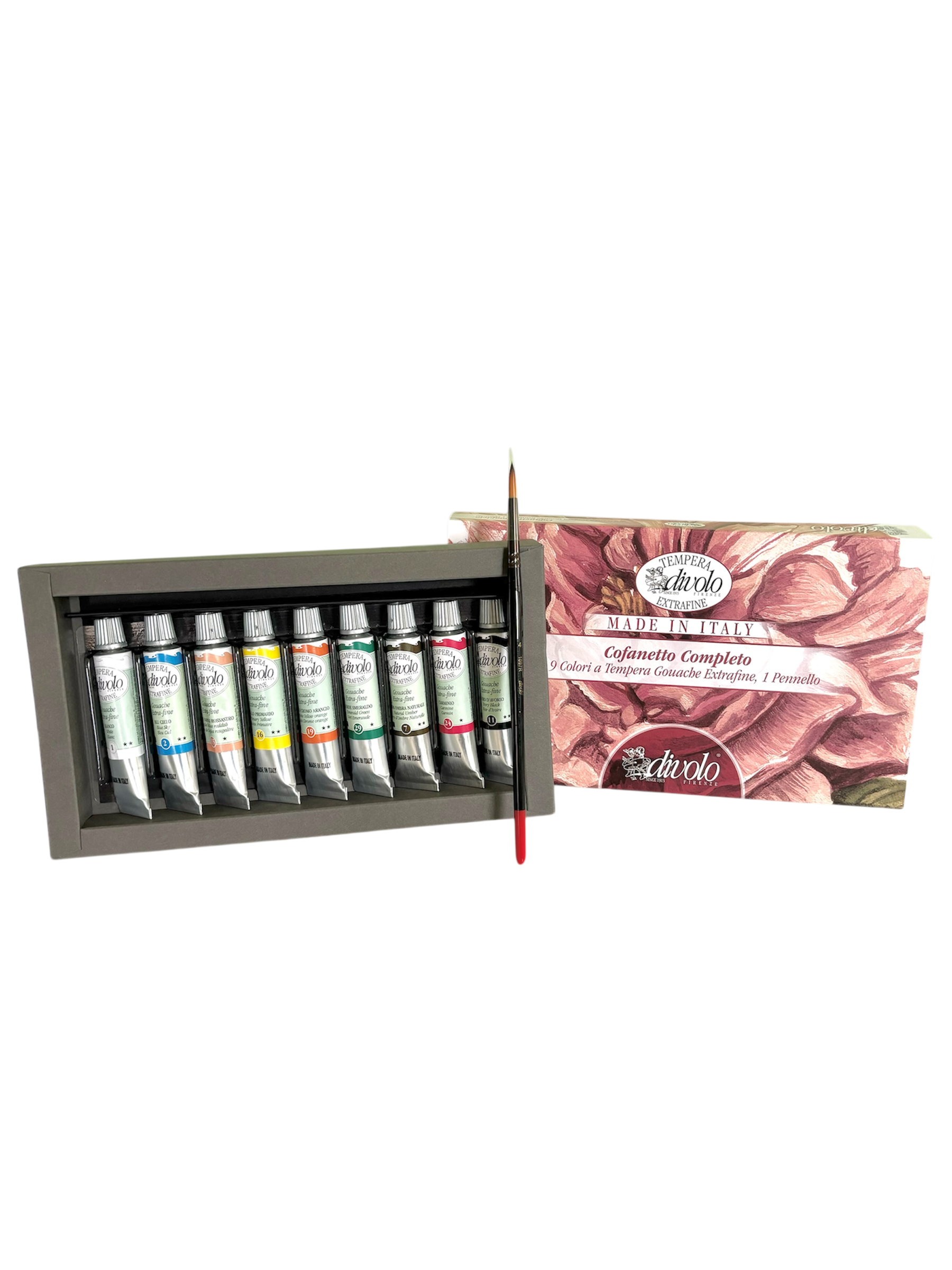 Confezione da 9 colori a tempera extrafine e un pennello