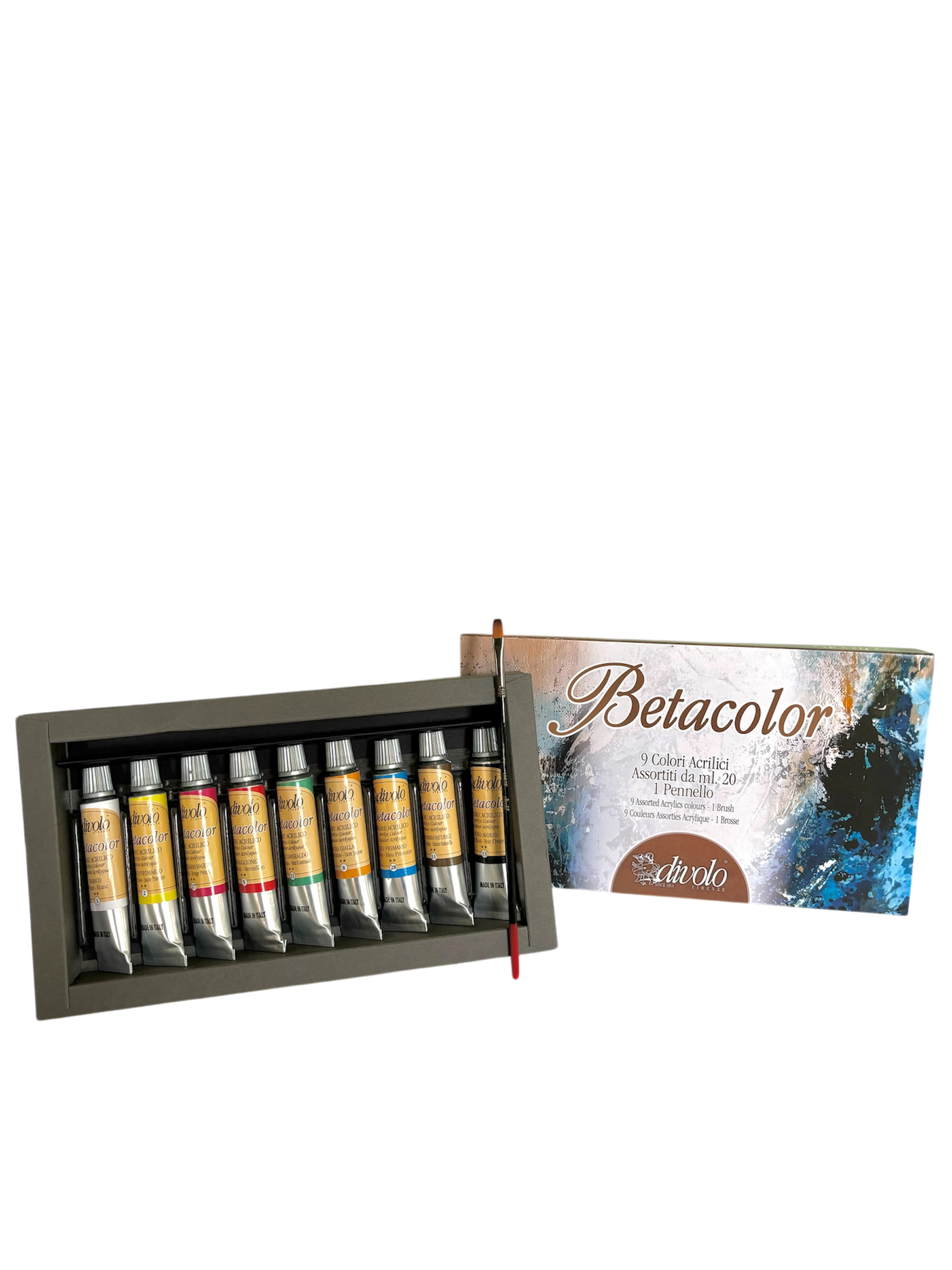 Confezione di 9 colori acrilici Betacolor e un pennello